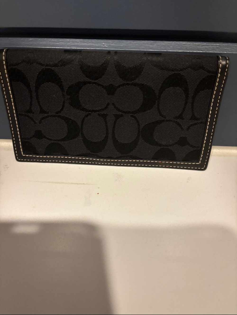 Coach Black Signature Canvas / leather Check Holder with White Stitching